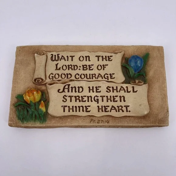 Scroll Heavy Plaque Wait on the Lord Psalm 27:14 H.A. Larsen 1946 Chalk Plaster - Picture 12 of 12